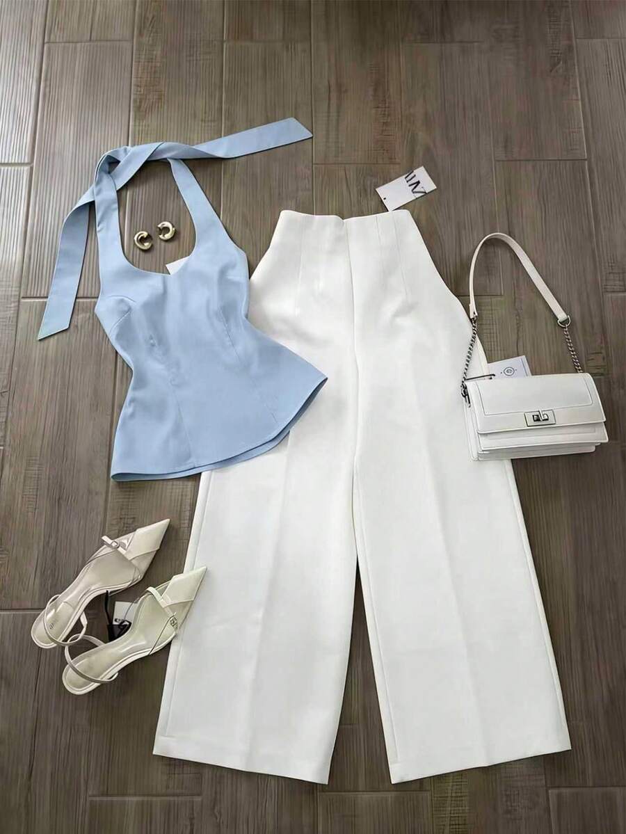 Airaco Conjunto de 2 piezas de top halter anudado casual y pantalones de pierna ancha para mujer, apto para uso diario y de oficina, adecuado para primavera/verano - Multicolor - Ver 1