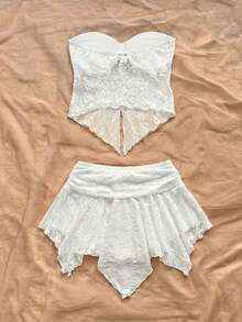 Soleia Women Floral Lace Twist Bandeau Top And Asymmetric Hem Midi Skirt 2 Pieces Set - White - View 2