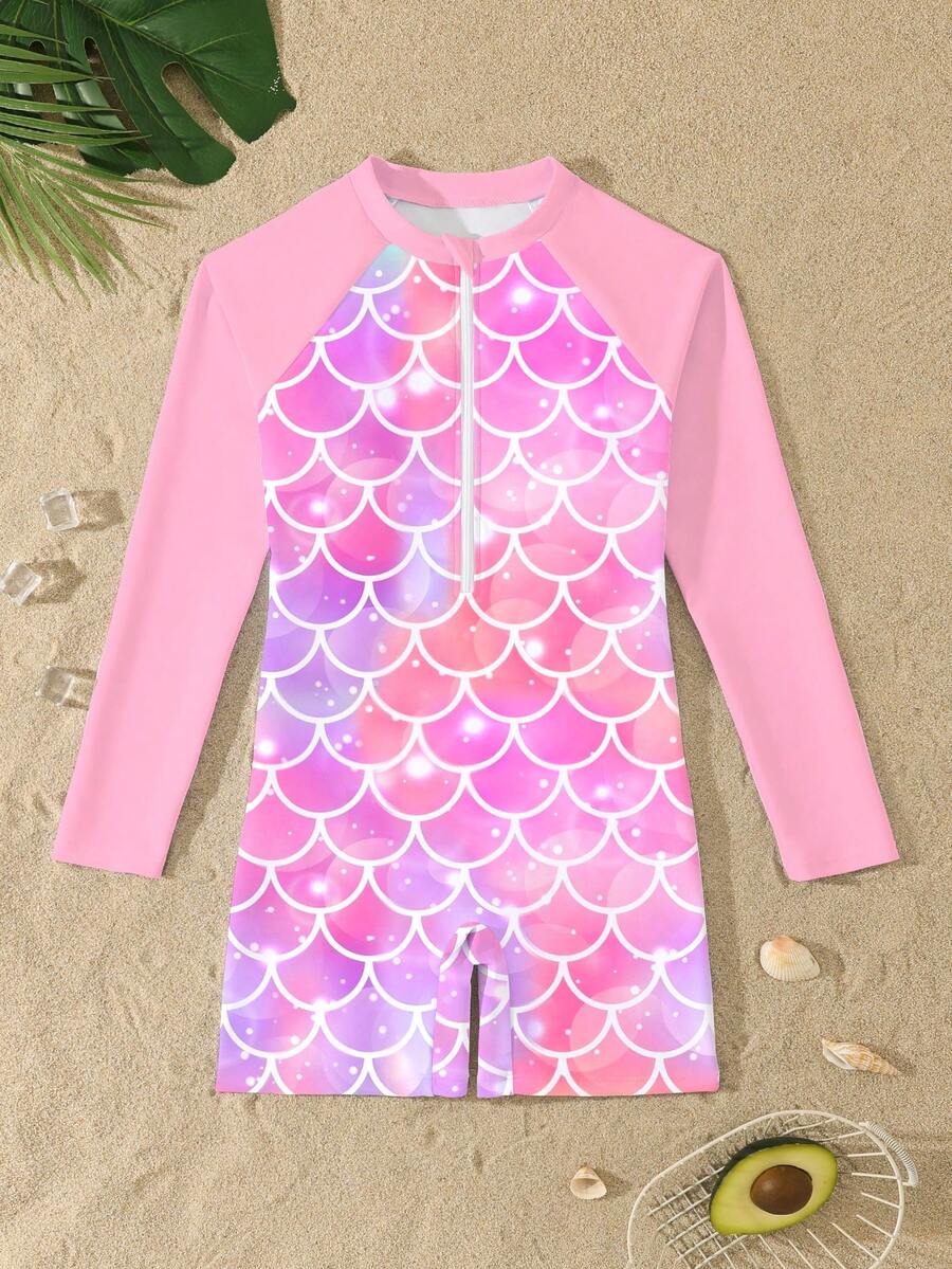 SHEIN Tween Girl Fish Scale Tie-Dye Long Sleeve Romper Swimsuit,Cute Pink Modest Rash Guard For Kids Girls,Summer Beach Holiday Teenage Swimming Clothes