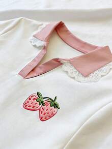 Resyla 女士修身短袖T恤，蕾丝边饰，白色印花领 - 白色 - 查看 6