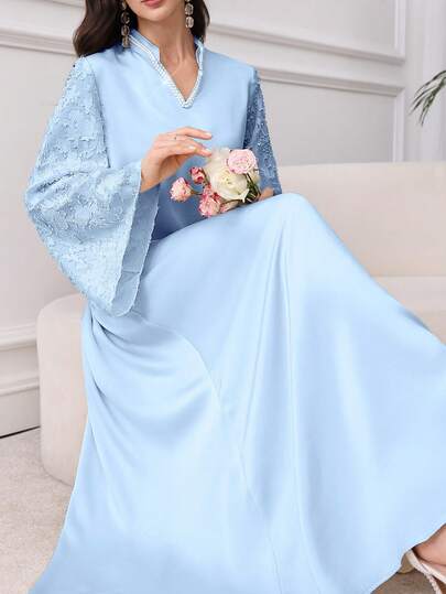 Al Najma Đầm Ả Rập thanh lịch màu đỏ tía dành cho nữ, cổ chữ V, tay chuông, đính ngọc trai giả, kiểu dáng kín đáo, sang trọng, thích hợp cho tiệc tối hoặc mặc thường ngày.