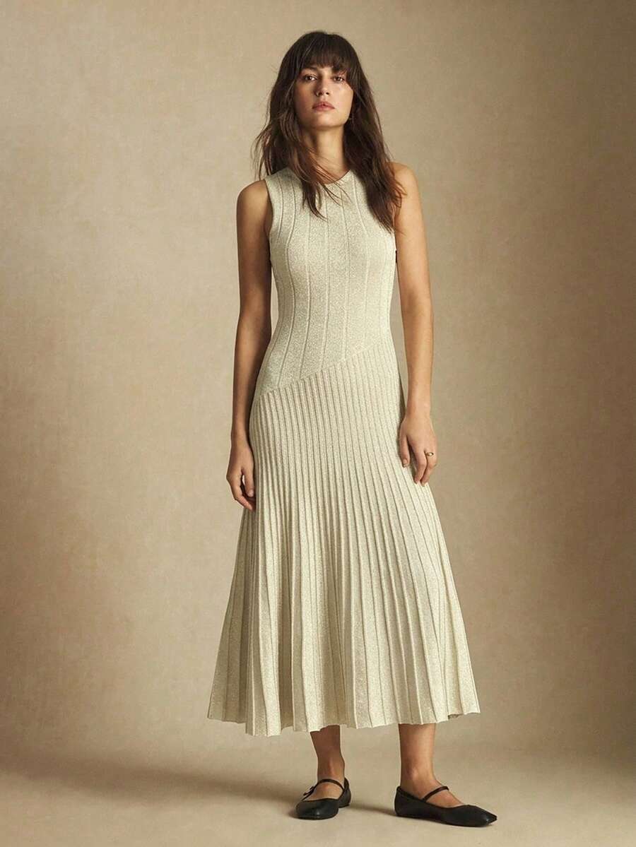 BizChic 2026新款女士圆领褶裥下摆无袖休闲针织连衣裙，适合多种场合：办公室、正式场合、优雅都市通勤、日常休闲、浪漫90年代复古风、派对、毕业典礼、婚礼宾客、伴娘、主持人、外出、社交、约会、聚会、音乐会、毕业典礼、早午餐、机场 - 杏色 - 查看 1