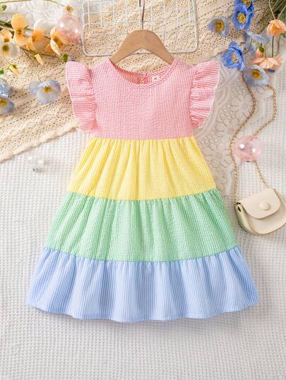 Genkimix Kids Vestido casual de niña con cuello redondo, bloque de color y dobladillo con volantes