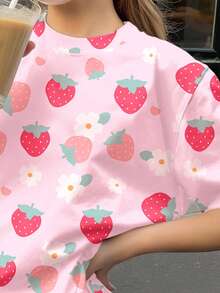 两件套少女休闲可爱复古碎花草莓印花短袖上衣和短裤套装，适合夏季返校节、朋克风等场合。 - 彩色 - 查看 4