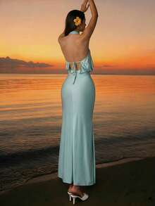 Firerie 女士优雅端庄弹力婚礼宾客礼服，修身露背褶皱长裙，闪亮面料 - 藍色 - 查看 2