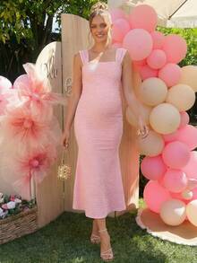 Loomaby Elegant Solid Color Textured Maternity Mermaid Dress,Gender Reveal Dress,Baby Shower Dress,Maternity Dress - Pink - View 4