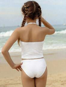 SHEIN 少女两件套荷叶边吊带泳衣套装，白色特殊面料，三角泳裤，时尚休闲优雅泳装，适合游泳、度假、夏季穿着 - 白色 - 查看 2