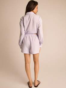 FASHION SZN Quần short nữ kẻ sọc, kiểu dáng thường ngày, thích hợp cho mùa xuân/hè, dáng rộng, đi biển, du lịch thành phố, thanh lịch, sang trọng, nghỉ hè. - Màu tím hoa cà - Xem 2