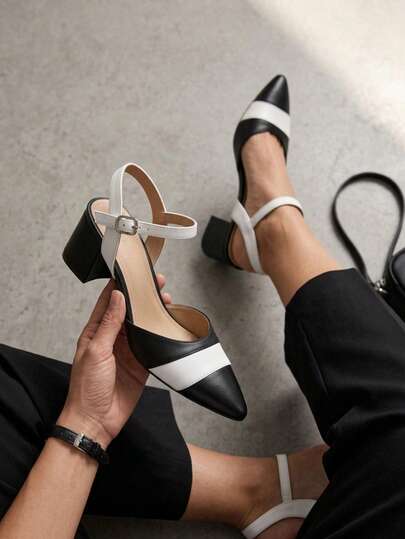 Tacones elegantes oficina boda Zapatos con tacón ancho medio, punta fina y acabado en dos colores – elegantes con correa Zapatos de tacón mujer bicolor blanco negro elegante punta cerrada pulsera ancho cómodos vestir oficina moda diseño moderno Zapatos desentalonados Tiras Correa de tobillo En punta Lindos Básicos