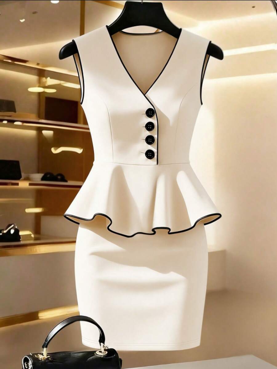 Franclia Women's New V-Neck Sleeveless Asymmetric Button Ruffle Hem Top + Fitted Mini Skirt 2-Piece Set Peplum Dresses For Women Elegant Dress For Women New Arrival Office Dresses For Woman Top For Woman Elegant And Classy Formal Zanea Dress For Woman Women Dress - Apricot - View 1