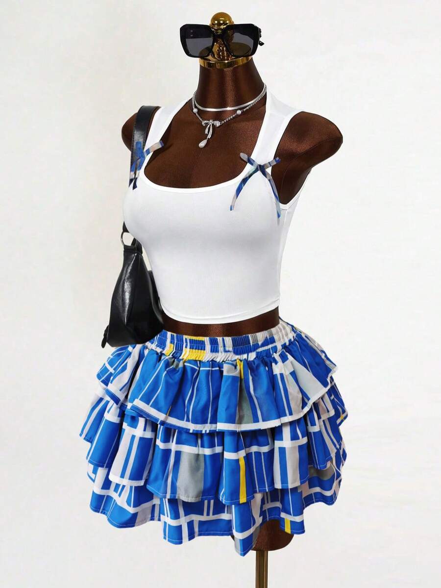 Mistrie 新款Y2K色格子蛋糕裙 - 藍色 - 查看 1