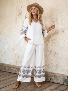 Faunlyn Women's V-Neck Graphic Print Top And Pants Casual Vacation 2 Pieces Set Boho Two Pieces Set Women Vacation Outfit Sets Women's 2 Pieces Summer Sets Pant Suit Summer Sets Boho For Women Vacation Outfits Women Casual - Multicolor - View 3