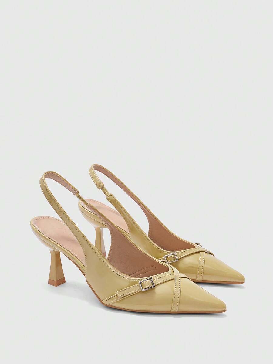 CUCCOO BIZCHIC Giày cao gót nữ thanh lịch kiểu slingback, quai kép, khóa cài, mũi nhọn, gót trung bình. - Màu vàng nhạt - Xem 1