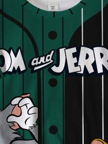 TOM & JERRY X SHEIN Tween Boy Cartoon & Striped Print Color Block Round Neck Short Sleeve T-Shirt - White - View 5