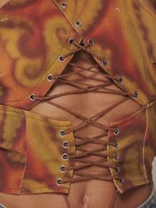 MUSERA Top de mezclilla con recorte envolvente, estampado abstracto y ribete de ojales, para primavera y verano, sexy, para citas, club, festival, salida nocturna, vacaciones - Multicolor - Ver 6