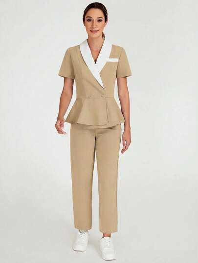 TaskEZ Women's Contrast Color Shawl Neck Short Sleeve Ruffle Hem Top And Pants Work Uniform Set