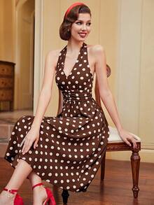 Vintamour 波点印花褶皱前开襟露背吊带连衣裙夏季女装长裙复古连衣裙红色 - 棕色 - 查看 8