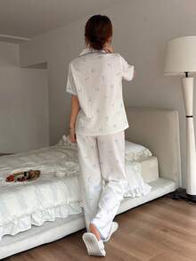 Napfluff CURVE 清爽浅蓝色和白色蝴蝶印花贝壳边领睡衣套装（女士款） - 藍色 - 查看 2