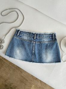 Elamini Chân váy mini denim cạp siêu thấp rách rưới - Màu xanh lam - Xem 2