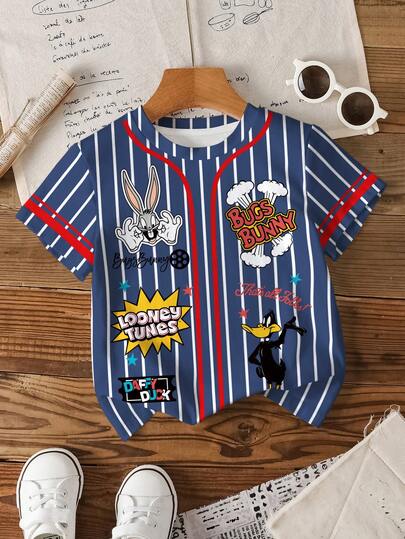 LOONEY TUNES X SHEIN 卡通条纹印花圆领短袖T恤，男童款