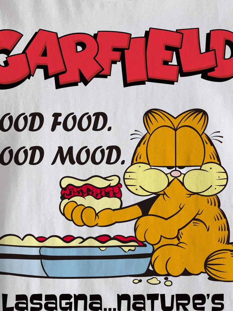 GARFIELD | SHEIN 少女休闲字母猫咪印花圆领短袖T恤，夏季 - 白色 - 查看 3