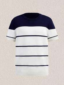 Mercer Haus Men's Color Block Striped Knit T-Shirt, For Summer Vacation Beach Wear - Navy Blue - View 1