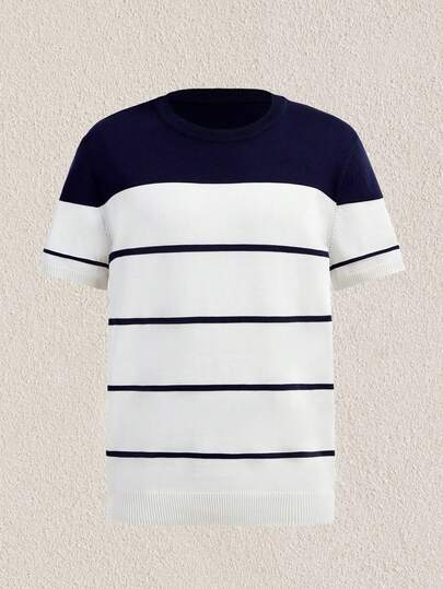 Mercer Haus 男士短袖针织圆领 T 恤 - 海军蓝和白色 - 块状条纹图案 - 舒适面料 - 时尚设计，适合日常休闲穿着和周末外出