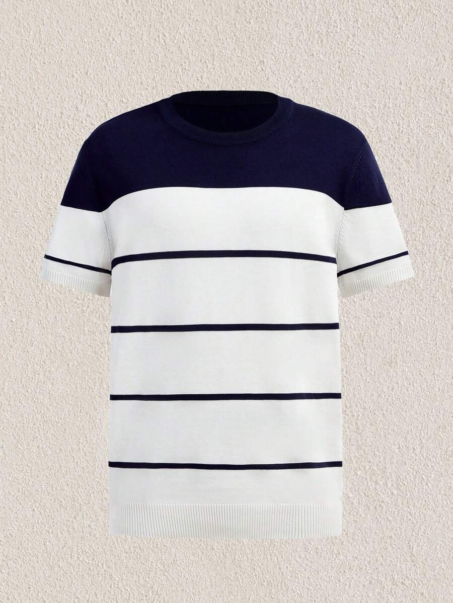 Mercer Haus Men's Color Block Striped Knit T-Shirt, For Summer Vacation Beach Wear - Navy Blue - View 1