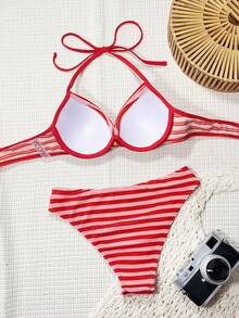 Swim SXY 夏季红粉条纹提花面料，带钢圈支撑，交叉露背吊带性感休闲女士沙滩比基尼泳装套装 - 紅色 - 查看 2