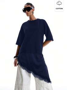 LYSMO 2026新款极简春夏女式藏蓝色落肩圆领休闲百搭T恤，户外上衣 - 藏蓝色 - 查看 4