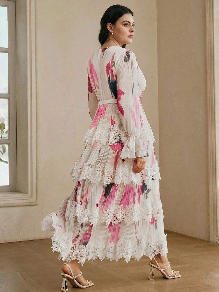 Elegant Floral Print Layered Lace-Up Maxi Dress, Vacation Style For Plus Size Women, Spring/Summer