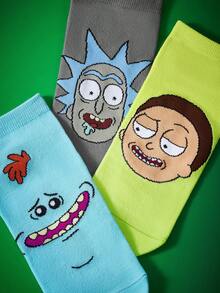 Rick and Morty X SHEIN 3双装柔软透气吸湿休闲短袜，时尚可爱卡通灰蓝绿配色，加固趾部和后跟，经久耐穿，男女通用，四季皆宜，夏季冬季百搭图案袜 - 彩色 - 查看 3