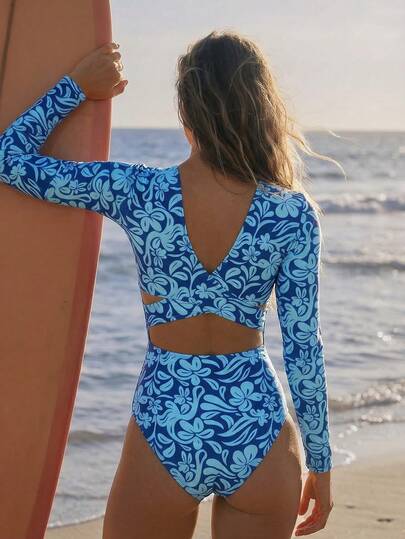 Swim SPRTY Set de 2 piezas con top de manga larga con estampado colorido y espalda descubierta, y Bottom triangular, traje de baño casual deportivo para vacaciones para mujeres