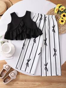SHEIN Elladie kids 少女夏季家庭度假套裝，純色荷葉邊無袖上衣搭配條紋寬腿褲，休閒兩件式女童套裝 - 黑色 - 查看 5