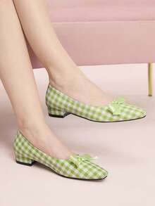 CUCCOO DOLLMOD Women's Green And White Plaid Square Toe Low Vamp Shoes, Satin Bow Flats, Fresh And Sweet Daily Commuting Versatile Women's Shoes - green and white - View 2