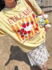 Muchica Camiseta de manga corta casual de verano con estampado de rayas y fresas - Amarillo - Ver 1