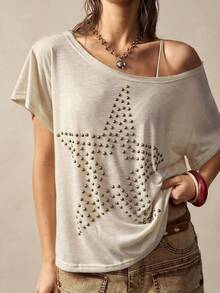 Bohemela 女士休闲纯色针织不对称肩部宽松T恤 夏季女式上衣 新款T恤 - 杏色 - 查看 5