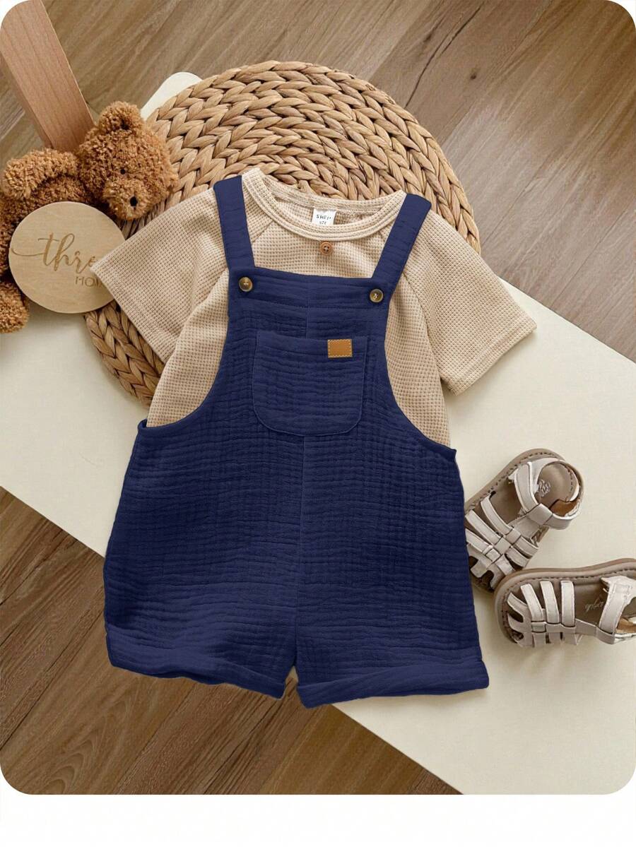 Bộ áo liền quần yếm bằng vải voan trắng trơn dễ thương, đa năng cho bé trai sơ sinh, thích hợp cho mùa xuân/hè. - Màu xanh hải quân - Xem 1