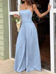 Sunnyshic 女士休闲度假性感露背系带阔腿牛仔连体裤 - 藍色 - 查看 5