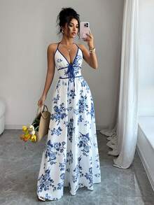 Selianne 女士度假风蓝白花朵深V领蝴蝶结吊带连衣裙 - 藍白色 - 查看 5
