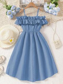 SHEIN 女童休闲梭织荷叶边露肩可调节简约直筒连衣裙，春夏 - 霧霾藍 - 查看 2