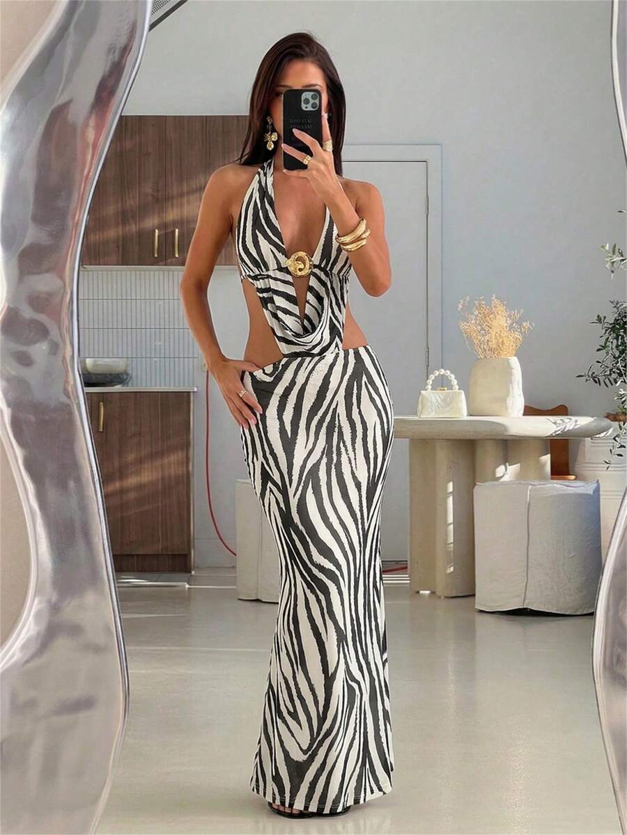 Aloruh 女士性感优雅V领斑马纹修身连衣裙，适合海滩度假