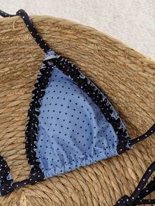 Swim Mod Spring/Summer Beach Vacation French Retro Polka Dot Ruffle Halter Bikini Set, 2 Pieces Swimsuit - Multicolor - View 4