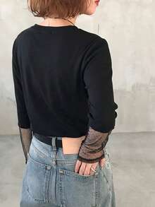 FRIFUL Kaos Wanita Lengan Panjang Leher Bulat Motif Leopard Patchwork Kasual Longgar Serbaguna, Musim Gugur/Dingin - Hitam - View 2