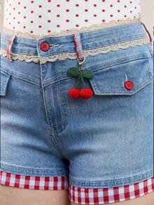 Sweetness Shorts vaqueros de talla grande con bloques de color, diseño campestre dulce para primavera/verano - Azul - Ver 2