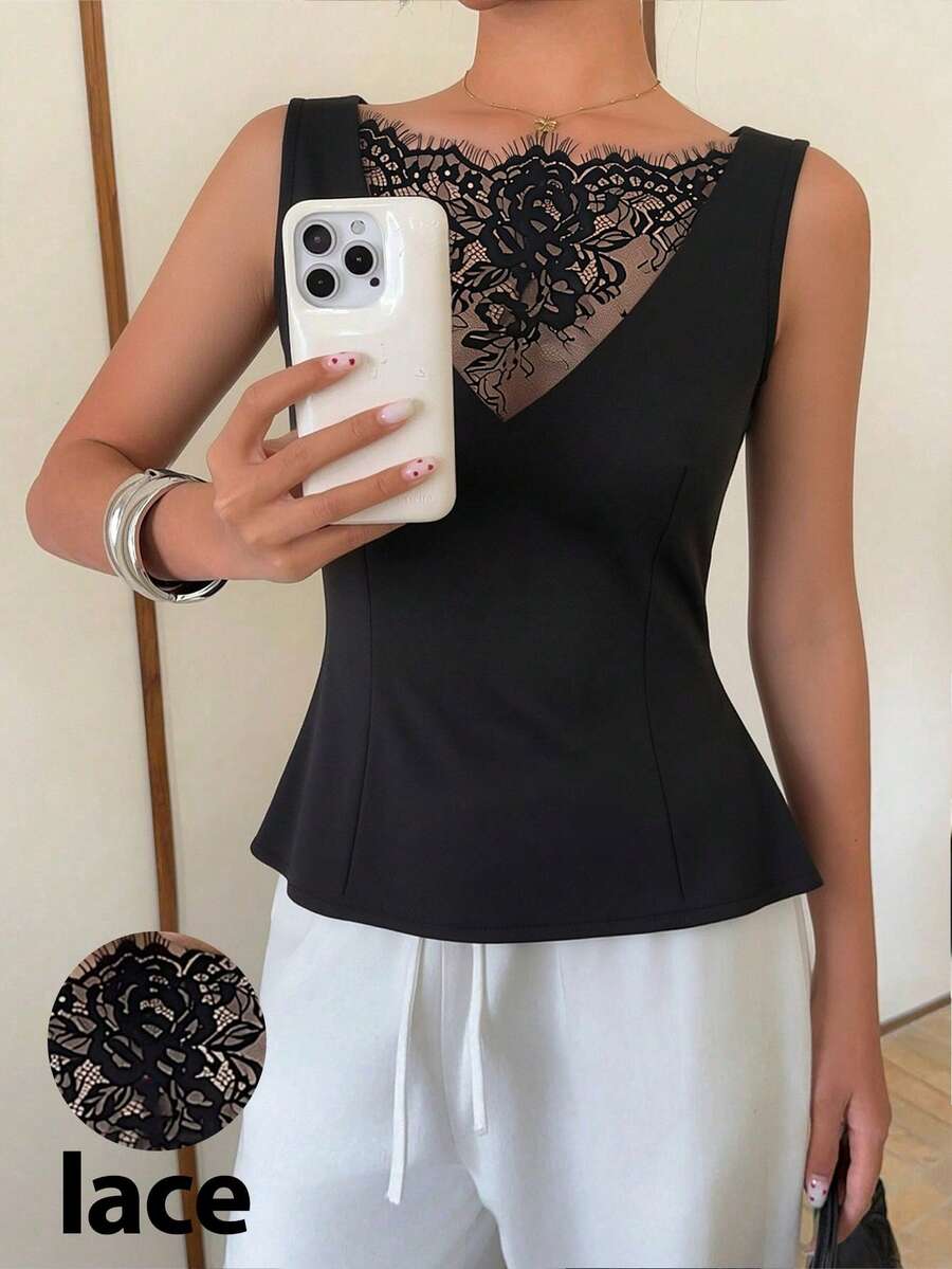 Siren Gaze 女士无袖蕾丝拼接衬衫，春夏款 - 黑色 - 查看 1
