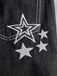 Manfinity ZONE917 Casual Loose Fit Wide Leg Jeans With Back Pocket Star & Letter Embroidery Design - Black - View 4