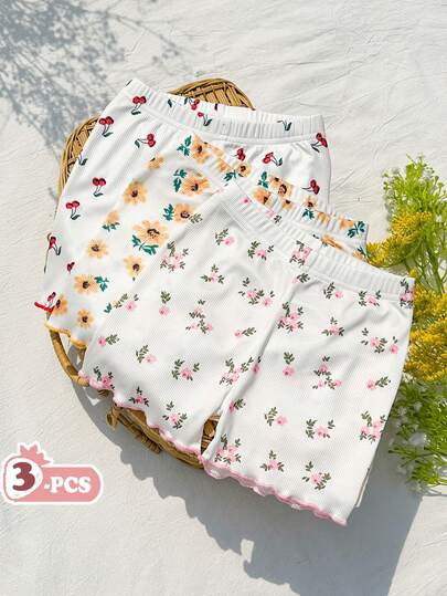 SHEIN Vintaside Kids 3pcs/Set Girls Stretchy Soft Fitted Shorts, Fashionable Tricolor Combination, Breathable & Comfortable For Daily Wear, Sports, Beach Vacation