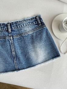 Elamini Chân váy mini denim cạp siêu thấp rách rưới - Màu xanh lam - Xem 6