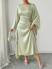 Rafferiza 春夏时尚中东风宽松连衣裙，腰部可调节，金属扣装饰，均码 - 綠色 - 查看 4